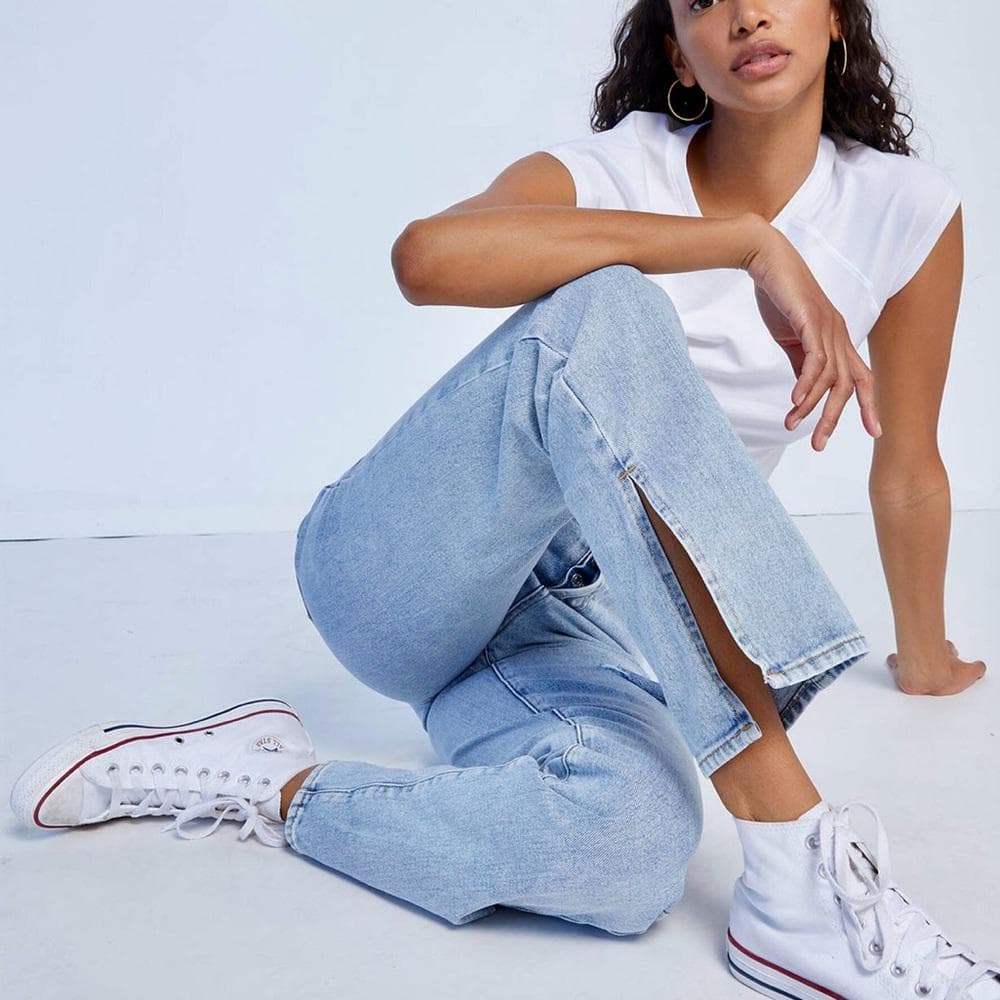 PacSun Ripped Split Dad Jeans~ Med Indigo Light Blue~ Distressed Rip Button Fly - Thumbnail 2