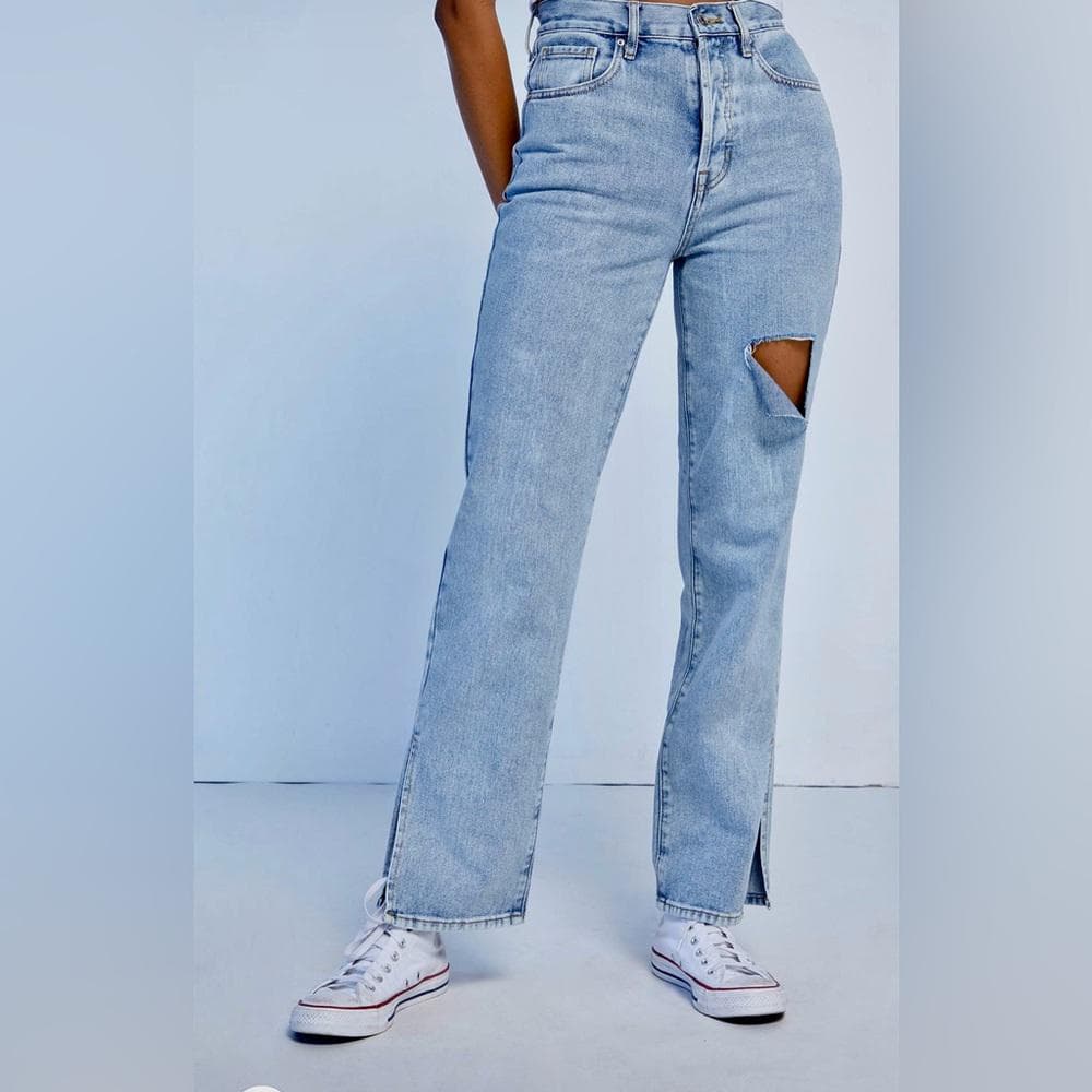 PacSun Ripped Split Dad Jeans~ Med Indigo Light Blue~ Distressed Rip Button Fly - Thumbnail 8