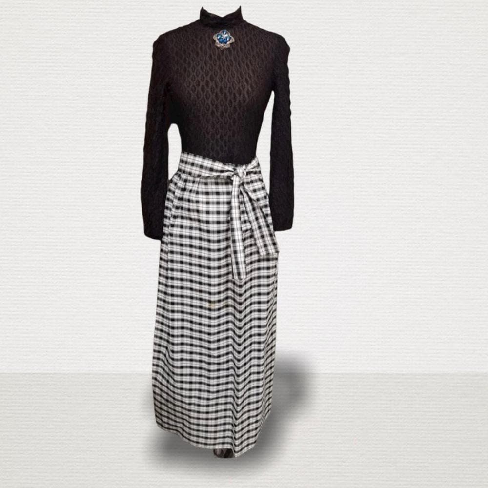 Vintage Dress Black/White Plaid Long Evening Dress- Size 7 Vintage Brooch - Thumbnail 2