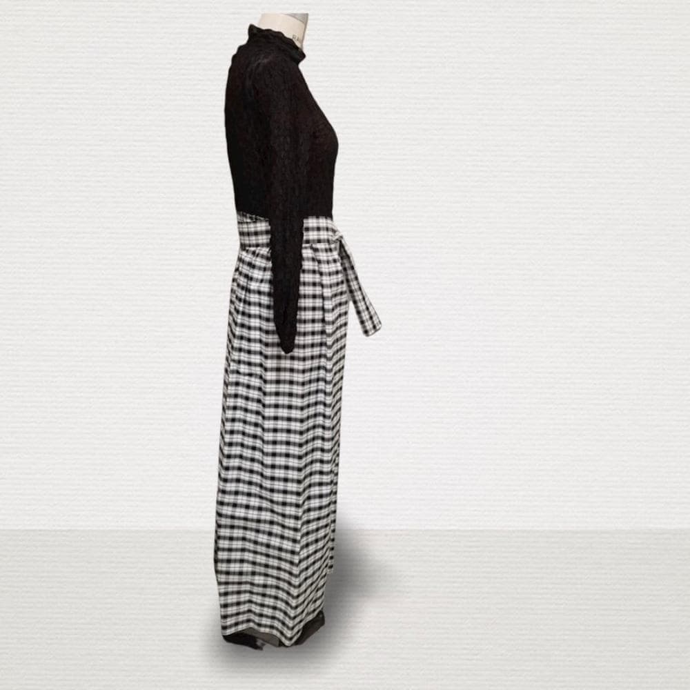 Vintage Dress Black/White Plaid Long Evening Dress- Size 7 Vintage Brooch - Thumbnail 3
