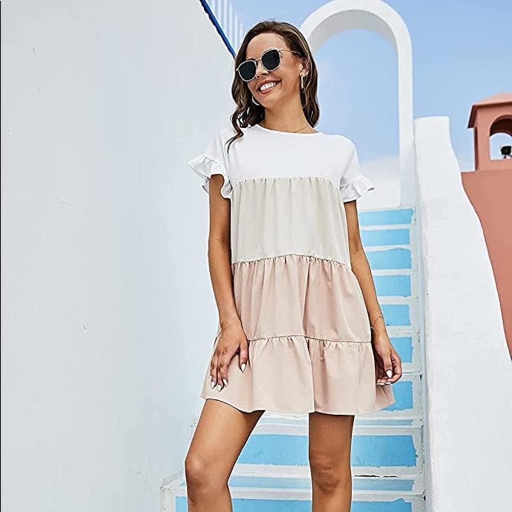 Khaki Boho Babydoll Dress- Colorblock & Ruffles - Thumbnail 3