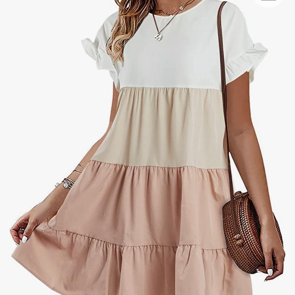 Khaki Boho Babydoll Dress- Colorblock & Ruffles - Thumbnail 5