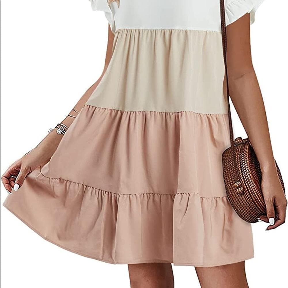 Khaki Boho Babydoll Dress- Colorblock & Ruffles - Thumbnail 6