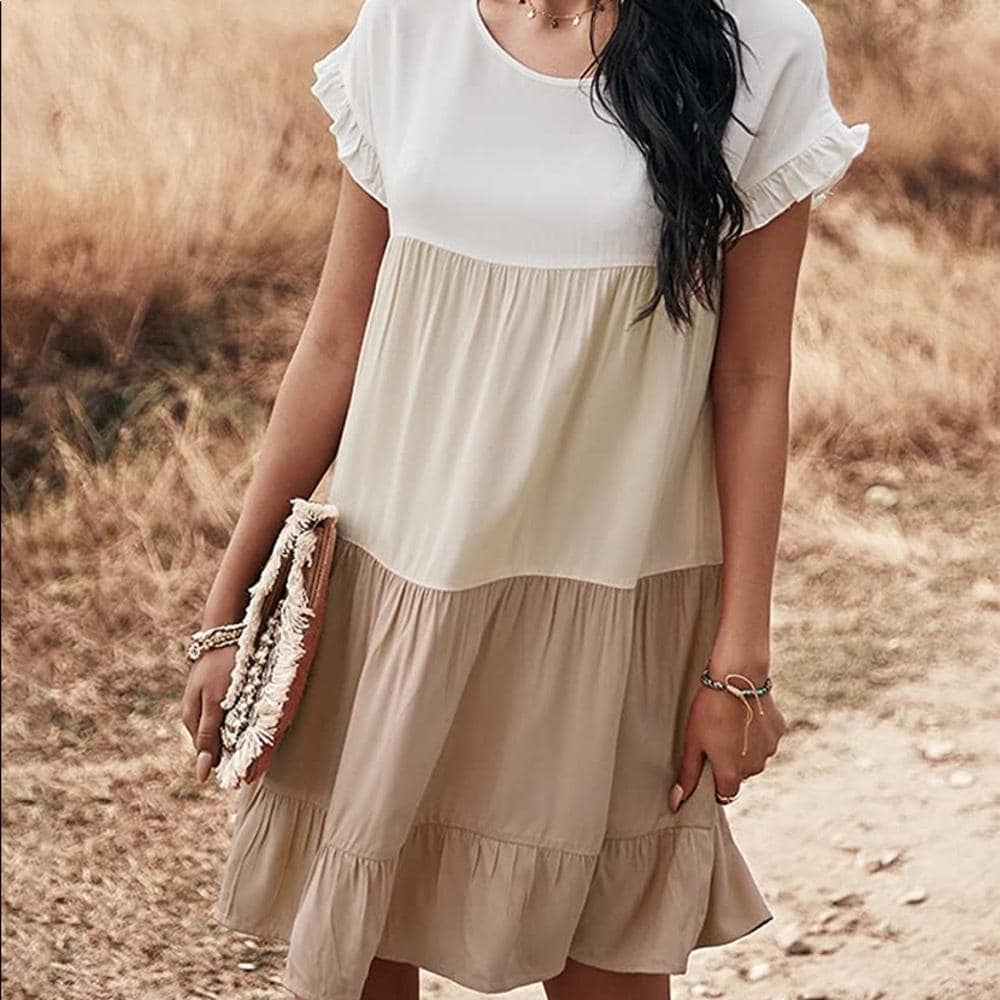 Khaki Boho Babydoll Dress- Colorblock & Ruffles - Thumbnail 8