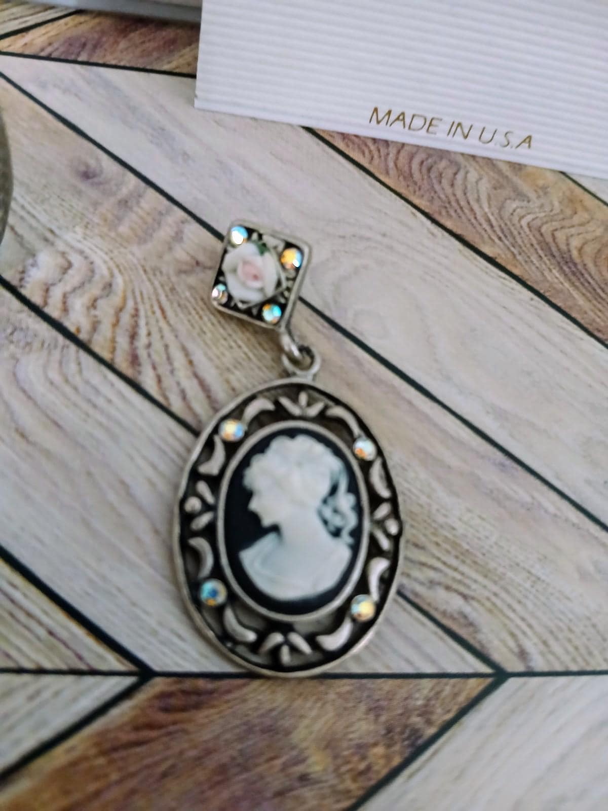 Vintage Clip-On Earrings (2 pair) & Cameo Pendant w/ Aurora Borealis Crystals - Thumbnail 4