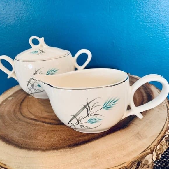 Vintage Canonsburg Teal Wheat Grey Grass Silver Trim Creamer & Sugar Set - Thumbnail 2