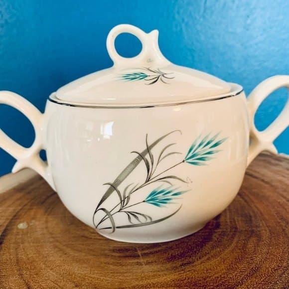 Vintage Canonsburg Teal Wheat Grey Grass Silver Trim Creamer & Sugar Set - Thumbnail 3