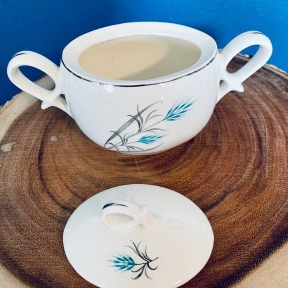 Vintage Canonsburg Teal Wheat Grey Grass Silver Trim Creamer & Sugar Set - Thumbnail 5
