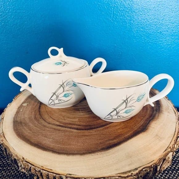 Vintage Canonsburg Teal Wheat Grey Grass Silver Trim Creamer & Sugar Set - Thumbnail 7