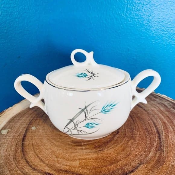 Vintage Canonsburg Teal Wheat Grey Grass Silver Trim Creamer & Sugar Set - Thumbnail 8