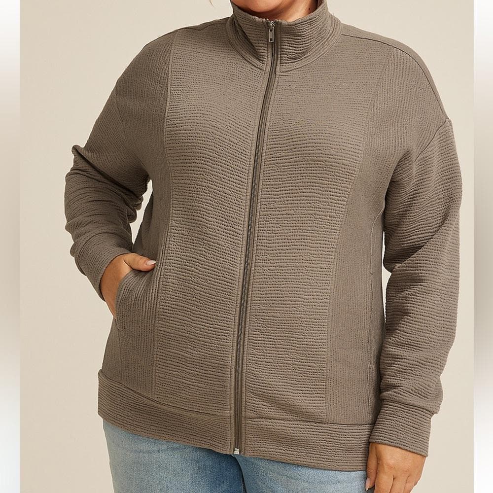 Textured Full Zip Sweatshirt- Oak Taupe color- Plus Size 1X- NWT - Thumbnail 2