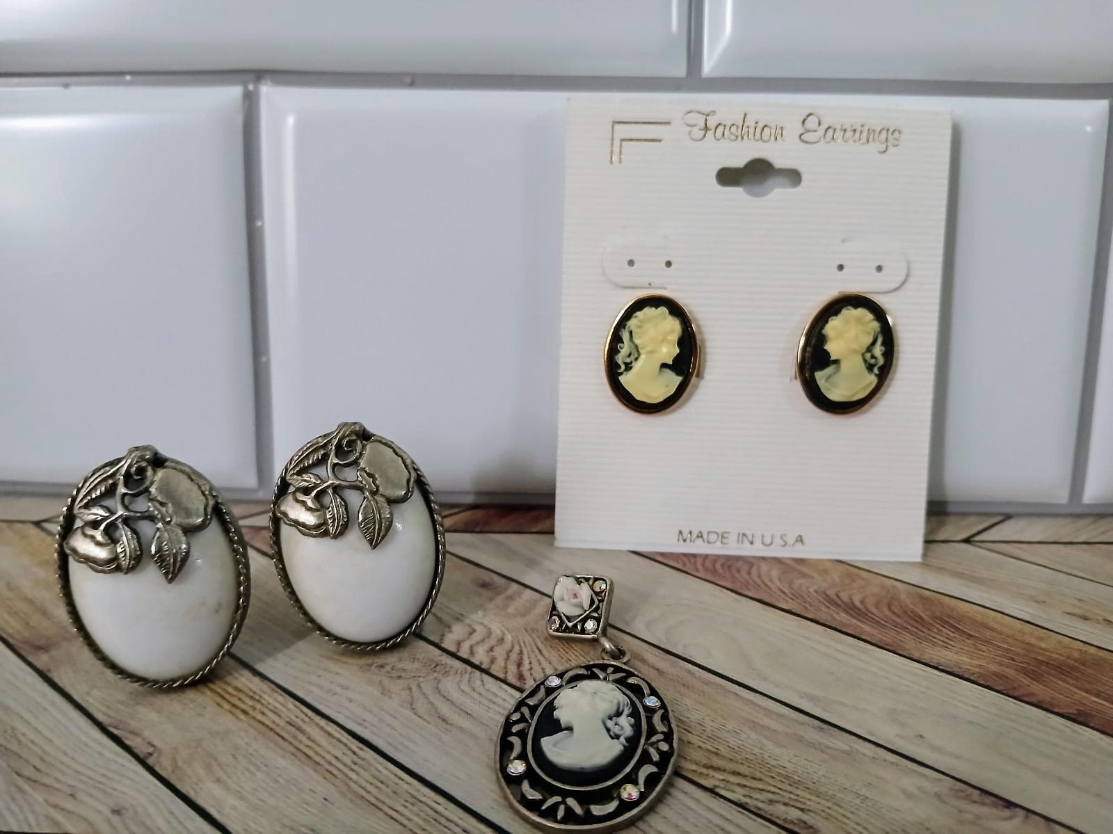 Vintage Clip-On Earrings (2 pair) & Cameo Pendant w/ Aurora Borealis Crystals - Thumbnail 2