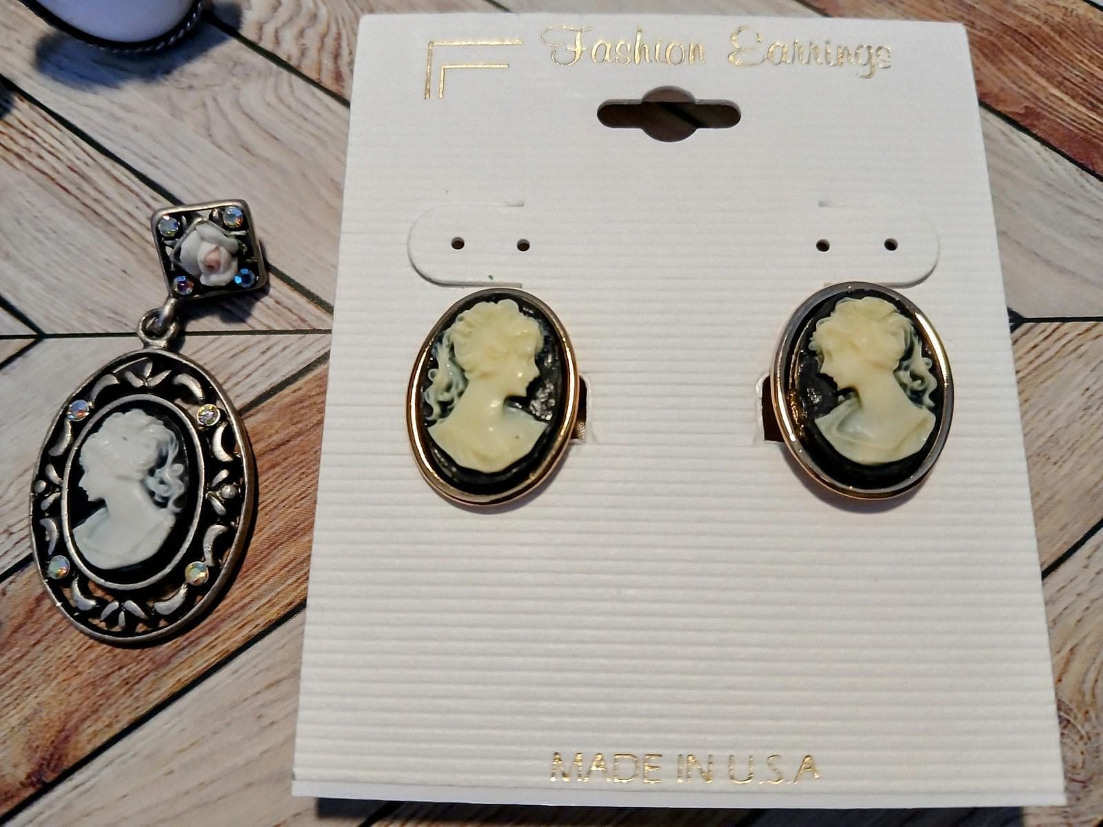 Vintage Clip-On Earrings (2 pair) & Cameo Pendant w/ Aurora Borealis Crystals - Thumbnail 5