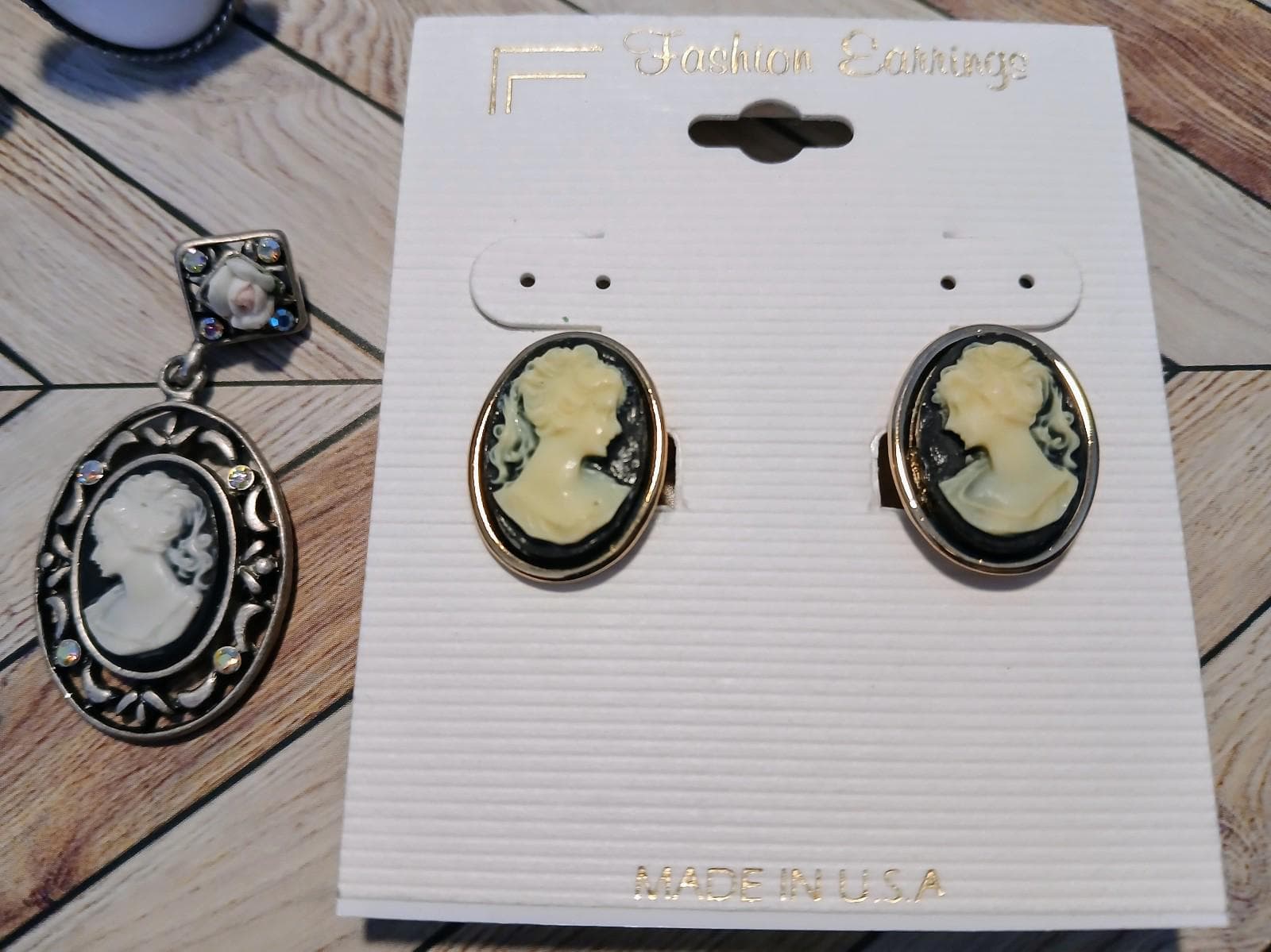 Vintage Clip-On Earrings (2 pair) & Cameo Pendant w/ Aurora Borealis Crystals - Thumbnail 6