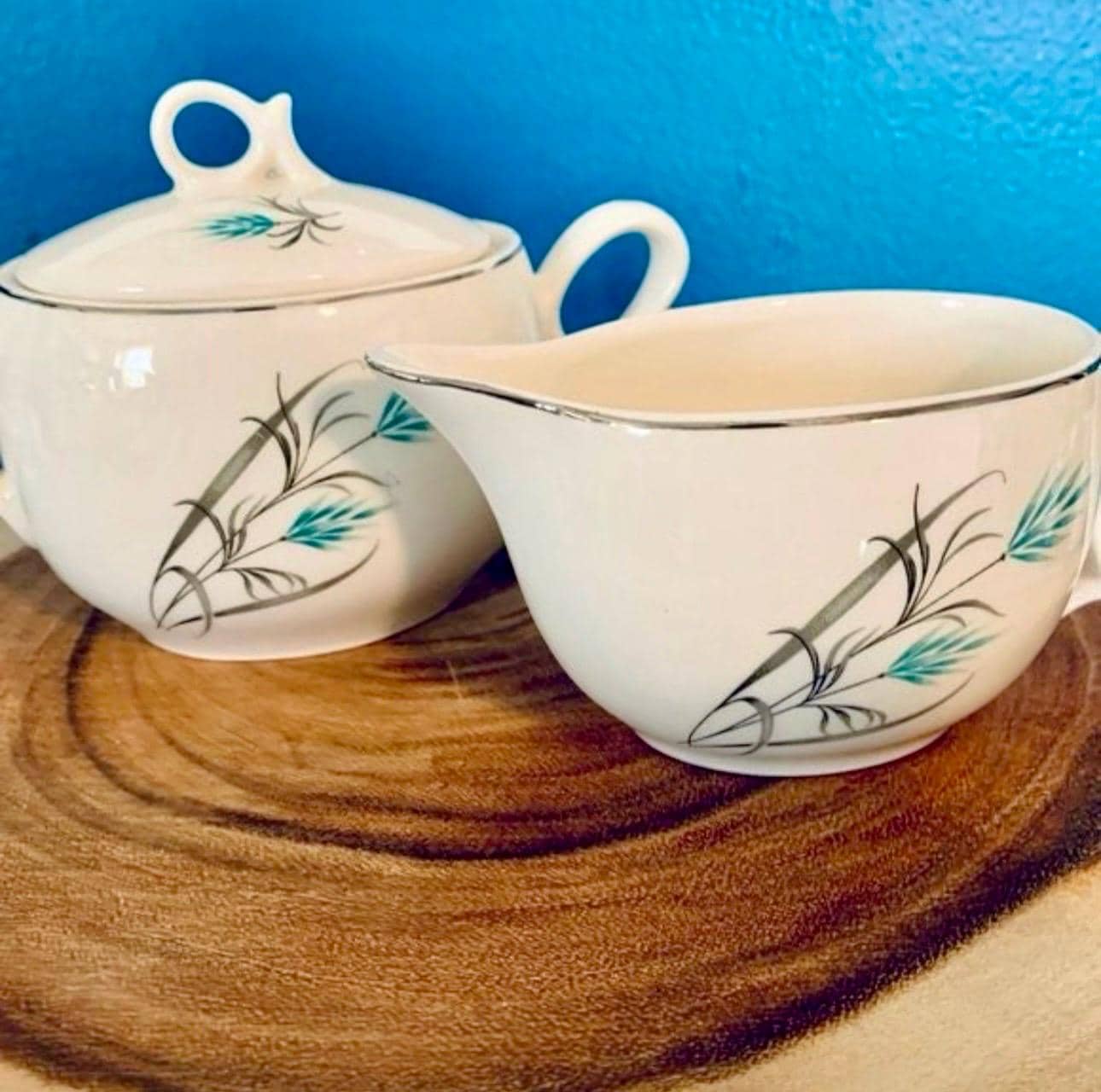 Vintage Canonsburg Teal Wheat Grey Grass Silver Trim Creamer & Sugar Set - Thumbnail 9