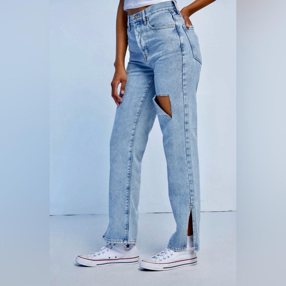 PacSun Ripped Split Dad Jeans~ Med Indigo Light Blue~ Distressed Rip Button Fly - Thumbnail 3