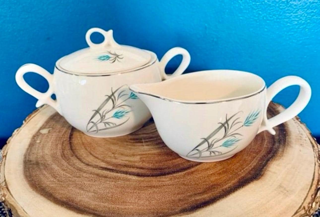Vintage Canonsburg Teal Wheat Grey Grass Silver Trim Creamer & Sugar Set