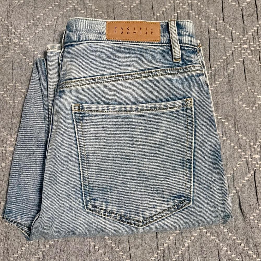 PacSun Ripped Split Dad Jeans~ Med Indigo Light Blue~ Distressed Rip Button Fly - Thumbnail 7