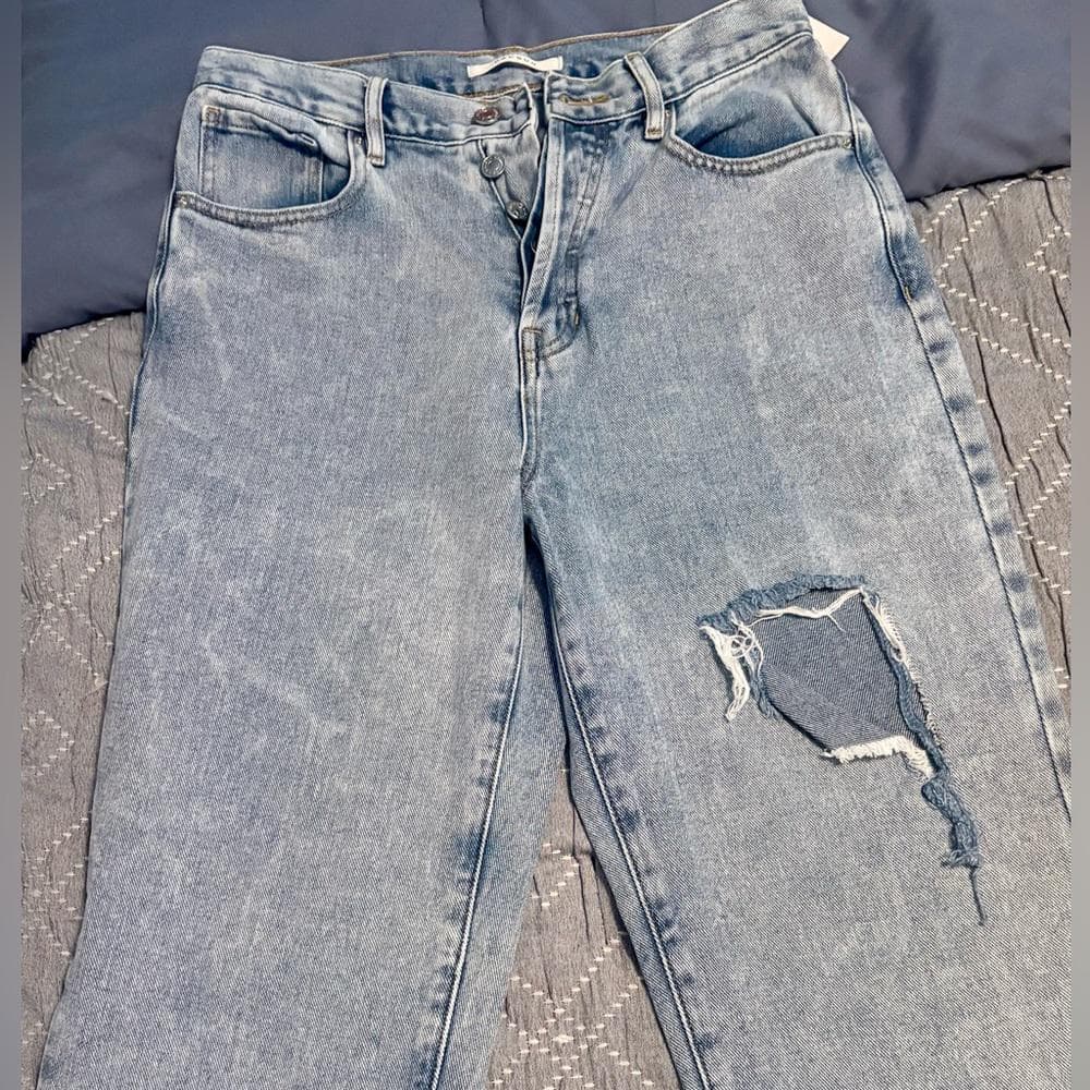 PacSun Ripped Split Dad Jeans~ Med Indigo Light Blue~ Distressed Rip Button Fly - Thumbnail 5