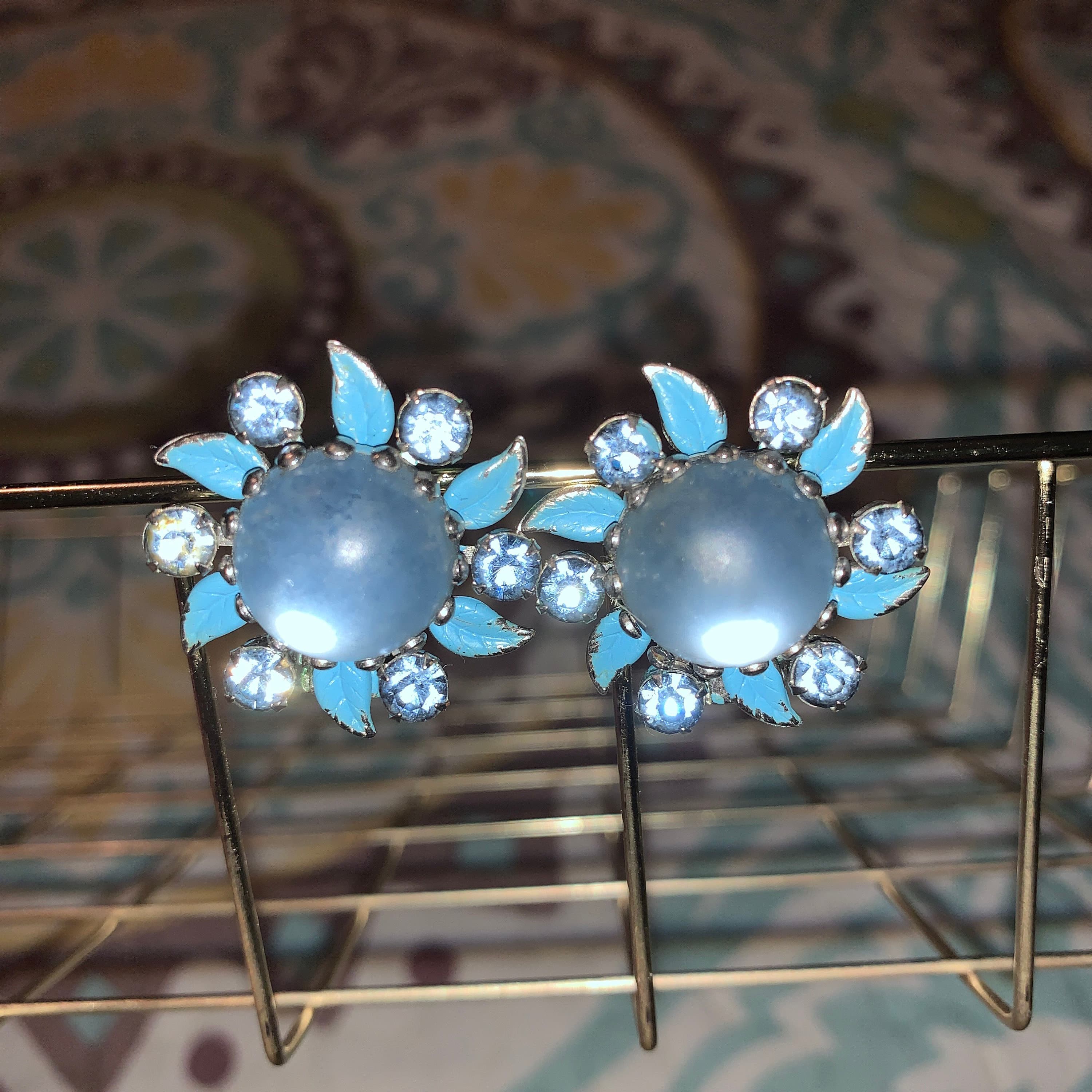 1960’s Vintage & Gorgeous Blue Rhinestone and Frosted Glass Clip Earrings