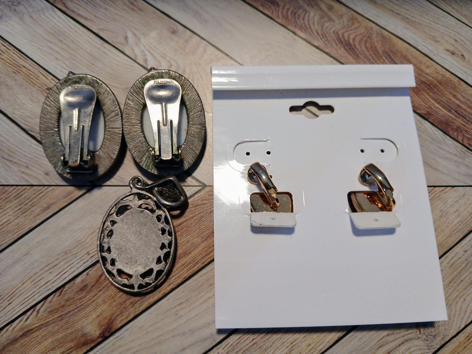 Vintage Clip-On Earrings (2 pair) & Cameo Pendant w/ Aurora Borealis Crystals - Thumbnail 7