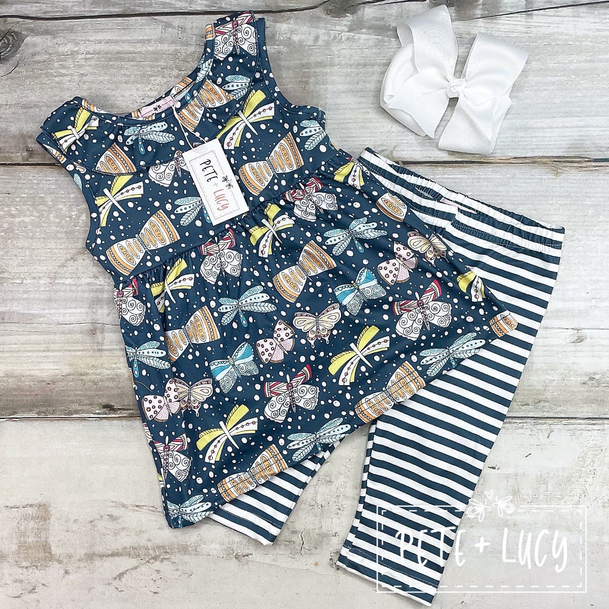 New! Boutique Capri Outfit~ ‘Butterfly Beauty’ Pete +Lucy~ Girls 2T- Navy White Butterflies Dragonflies