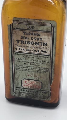 Rare Vintage Medicine Bottle Trisomin, Magnesium Trisilicate Lilly Collectible - Thumbnail 2