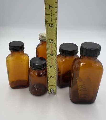 Lot of 5 Early Amber Apothecary Medicine Bottles with lids Early 1900's - Thumbnail 9
