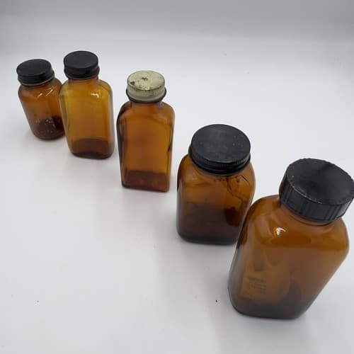 Lot of 5 Early Amber Apothecary Medicine Bottles with lids Early 1900's - Thumbnail 2