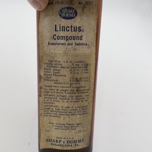 Rare Vintage Linctus Codeine Bottle Sharpe Dohme 16oz Amber SPASAVER 1930's - Thumbnail 5