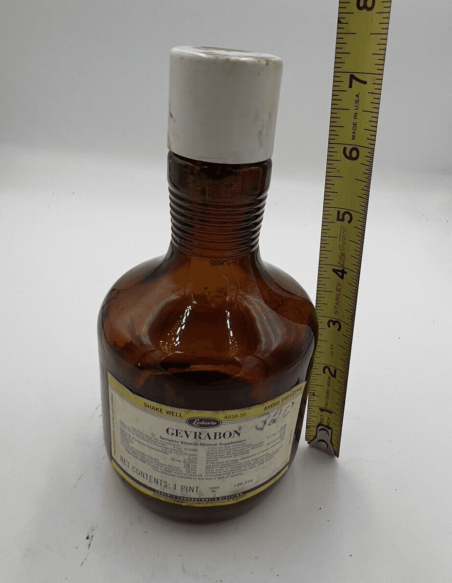 Vintage Lederle GEVRABON Geriatric Vitamin Bottle 1 pint, EMPTY - Thumbnail 6
