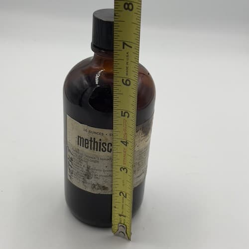 Vintage Methischol Duraglas Amber Glass Bottle 7 1/4" 1945 16oz Empty - Thumbnail 5