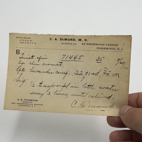 C. A. Demund Ridgewood, NJ Handwritten Opii (Opium) Prescription 1910, 71445