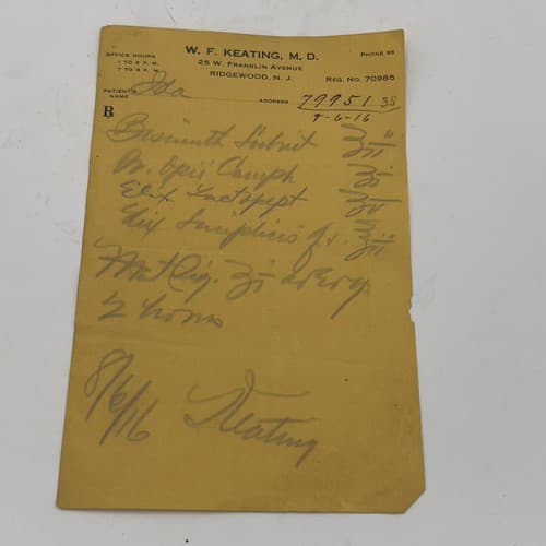 W.F. KEATING Ridgewood, New Jersey Handwritten Opii (Opium) Prescription 1916