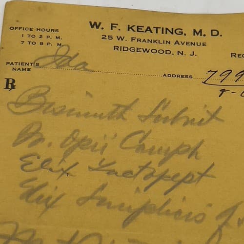 W.F. KEATING Ridgewood, New Jersey Handwritten Opii (Opium) Prescription 1916 - Thumbnail 2
