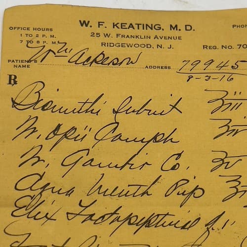 W.F. KEATING Ridgewood, NJ Handwritten Opii (Opium) Prescription 1916, 79945 - Thumbnail 3