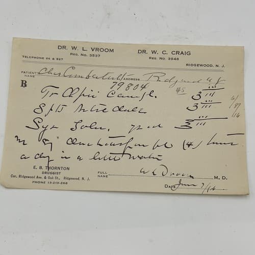 W. L. Vroom Ridgewood, NJ Handwritten Opii (Opium) Prescription 1916, 79804 - Thumbnail 2