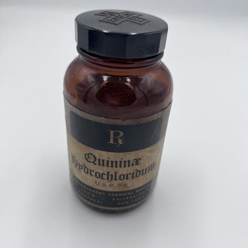 Vintage Merck Quinine Label Brown Pharmacy Bottle 4.75" Empty - Thumbnail 2