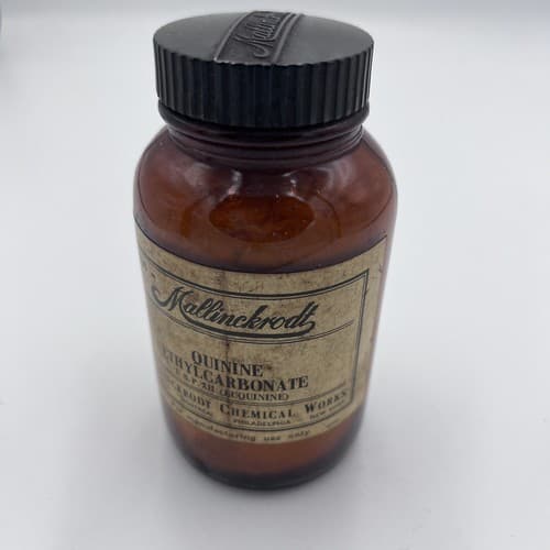 Vintage Mallinckrodt Brown Pharmacy Bottle Quinine Label Decorative 4.75" Empty - Thumbnail 2