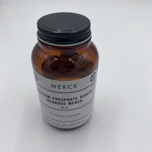 4.75'' Vintage Merck Calcium Phosphate EMPTY Amber Apothecary Pharmacy Bottle - Thumbnail 2
