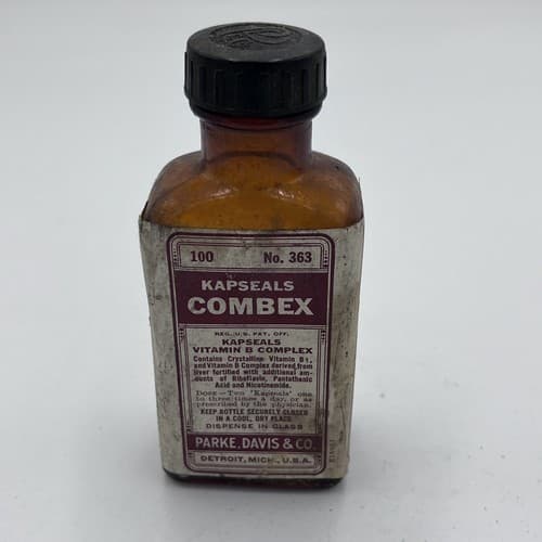 Antique 1930's Parke, Davis & Co. No. 363 Kapseals Combex Pharmacy Bottle