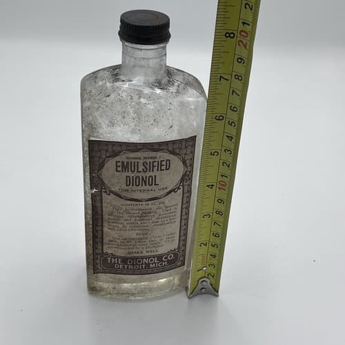 Antique 1920's Medicine Glass Bottle With Label Emulsified DIONOL, EMPTY - Thumbnail 2