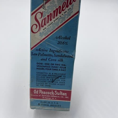 Sealed Antique Pharmacy OD Peacock Sultan SANMETTO Quack Medicine Bottle Box - Thumbnail 2