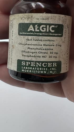 Vintage Medicine Bottle ,ALGIC , Spencer Labs Racephedrine Hydrochloride EMPTY - Thumbnail 5