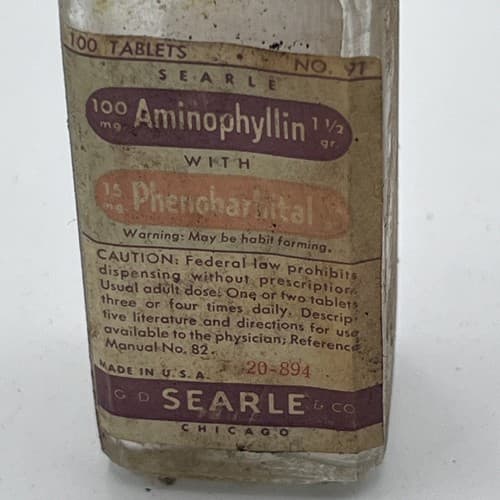 Vintage Glass Medicine Bottle G.D Searle & Co. Aminophyllin 100 tablet empty - Thumbnail 2