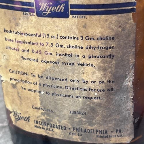 Pharmacy Wychol Syrup of Choline & Inositol Medicine Bottle Empty 8" Wyeth - Thumbnail 5