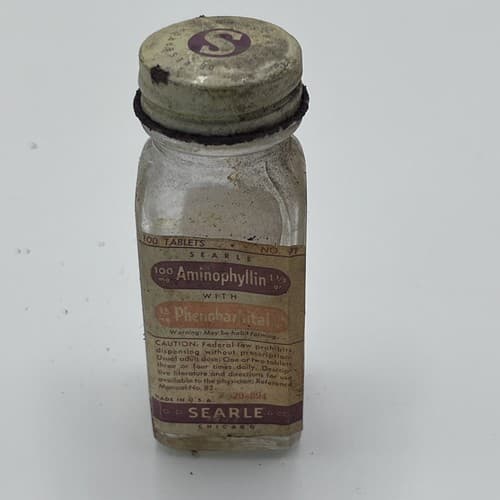 Vintage Glass Medicine Bottle G.D Searle & Co. Aminophyllin 100 tablet empty - Thumbnail 3