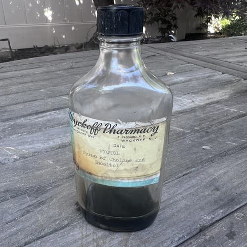 Wyckof Pharmacy Wychol Syrup Choline ,Inositol Medicine Clear Bottle Empty 8"
