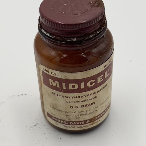 Rare MIDICEL Sulfamethoxypyridazine Parke Davis Amber Medicine Bottle EMPTY