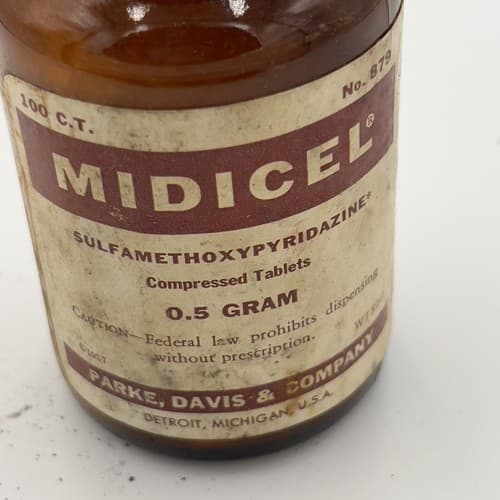 Rare MIDICEL Sulfamethoxypyridazine Parke Davis Amber Medicine Bottle EMPTY - Thumbnail 2